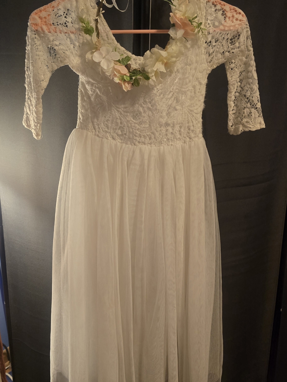 Romantic White Lace & Tulle Maxi Dress with Floral Accent